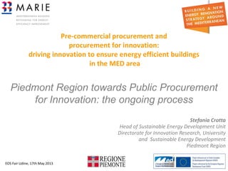 EOS Fair Udine, 17th May 2013 1
Pre-commercial procurement and
procurement for innovation:
driving innovation to ensure energy efficient buildings
in the MED area
Piedmont Region towards Public Procurement
for Innovation: the ongoing process
Stefania Crotta
Head of Sustainable Energy Development Unit
Directorate for Innovation Research, University
and Sustainable Energy Development
Piedmont Region
 