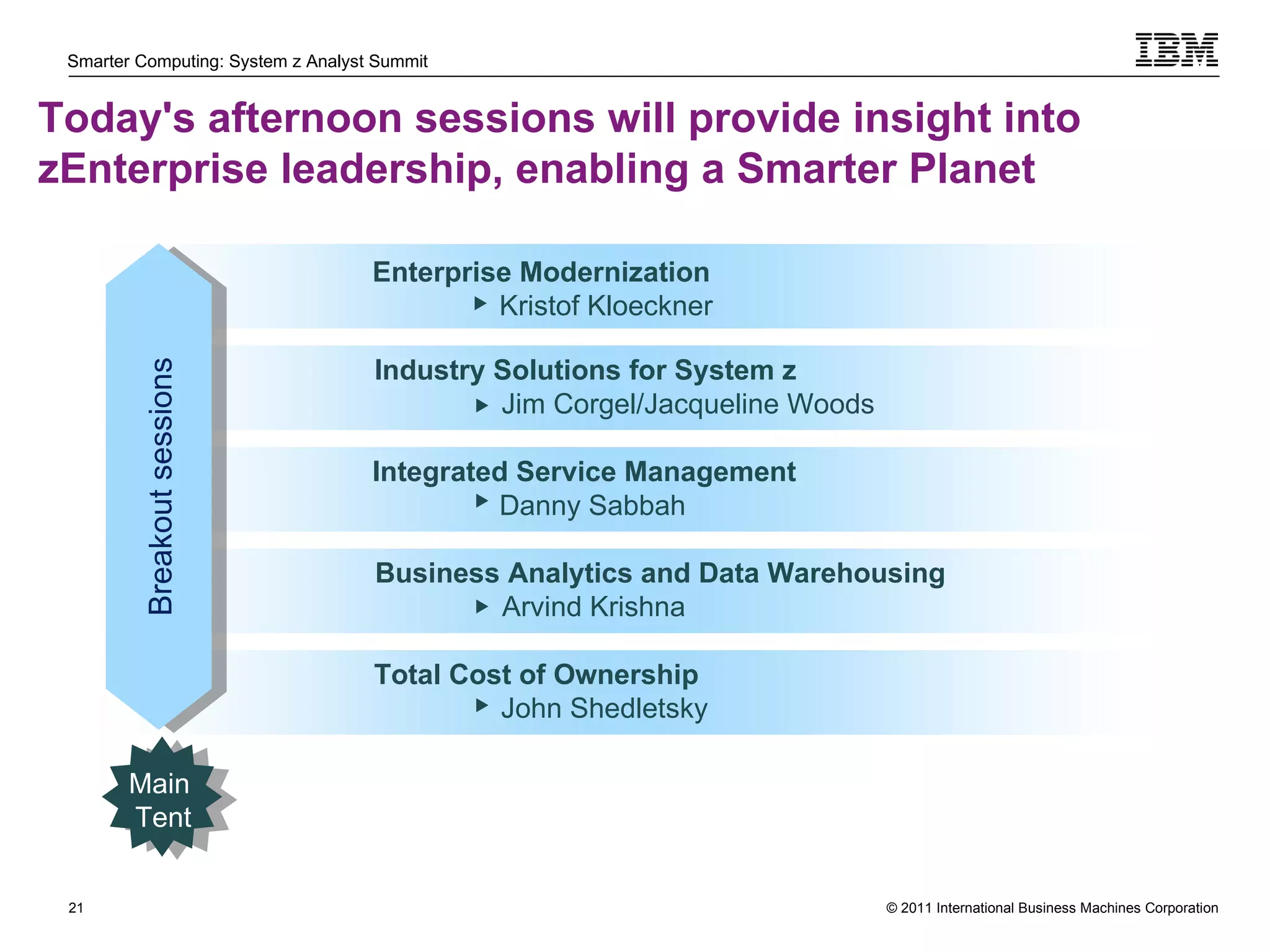 Today's afternoon sessions will provide insight into zEnterprise leadership, enabling a Smarter Planet   Enterprise Modernization Kristof Kloeckner Industry Solutions for System z Jim Corgel/Jacqueline Woods Integrated Service Management  Danny Sabbah Business Analytics and Data Warehousing Arvind Krishna Total Cost of Ownership John Shedletsky   Cloud Computing and System z  Robert LeBlanc Breakout sessions Main  Tent 