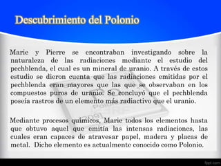 Descubrimiento del Polonio

Marie y Pierre se encontraban investigando sobre la
naturaleza de las radiaciones mediante el estudio del
pechblenda, el cual es un mineral de uranio. A través de estos
estudio se dieron cuenta que las radiaciones emitidas por el
pechblenda eran mayores que las que se observaban en los
compuestos puros de uranio. Se concluyó que el pechblenda
poseía rastros de un elemento más radiactivo que el uranio.

Mediante procesos químicos, Marie todos los elementos hasta
que obtuvo aquel que emitía las intensas radiaciones, las
cuales eran capaces de atravesar papel, madera y placas de
metal. Dicho elemento es actualmente conocido como Polonio.
 