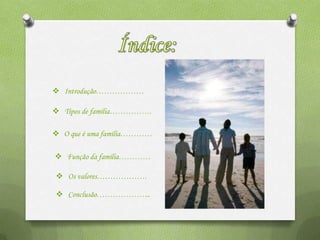  Introdução………………

 Tipos de família…………….

 O que é uma família…………

 Função da família…………

 Os valores……………….

 Conclusão………………...
 