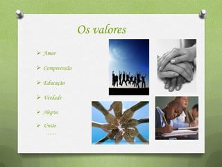 Os valores
 Amor

 Compreensão

 Educação

 Verdade

 Alegria

 União
   ……
 