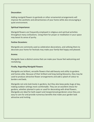 Decoration:
Adding marigold flowers to garlands or other ornamental arrangements will
improve the aesthetic and attractiveness of your home while also encouraging a
quiet environment.
Spiritual Importance:
Marigold flowers are frequently employed in religious and spiritual activities
throughout many civilizations. Using them for prayer or meditation in your space
may boost its sense of purity.
Festive Occasions:
Marigolds are commonly used as celebration decorations, and utilising them to
decorate your home for festivals may make your family feel happy and pleased.
Aroma:
Marigolds have a distinct aroma that can make your house feel welcoming and
revitalising.
Finally, Regarding Marigold Flowers
Marigolds are brilliant, versatile flowers that add beauty and utility to gardens
and homes alike. Because of their brilliant and long-lasting blossoms, they may be
used to produce attractive flower arrangements and add a splash of colour to
borders and beds.
Marigolds not only look lovely in gardens, but they also keep pesky bugs at bay,
making outdoor settings more comfortable. They are an excellent choice for
gardens, whether planted in pots or used for decorating with dried flowers.
Marigolds are ideal for both expert and inexperienced gardeners since they are
easy to care for and provide numerous benefits that make your garden look
attractive and inviting.
 