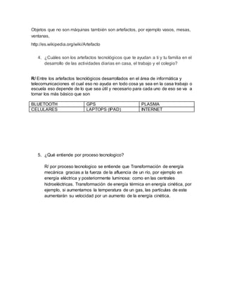Objetos que no son máquinas también son artefactos, por ejemplo vasos, mesas,
ventanas,
http://es.wikipedia.org/wiki/Artefacto
4. ¿Cuáles son los artefactos tecnológicos que te ayudan a ti y tu familia en el
desarrollo de las actividades diarias en casa, el trabajo y el colegio?
R/ Entre los artefactos tecnológicos desarrollados en el área de informática y
telecomunicaciones el cual eso no ayuda en todo cosa ya sea en la casa trabajo o
escuela eso depende de lo que sea útil y necesario para cada uno de eso se va a
tomar los más básico que son
BLUETOOTH GPS PLASMA
CELULARES LAPTOPS (IPAD) INTERNET
5. ¿Qué entiende por proceso tecnologico?
R/ por proceso tecnologico se entiende que Transformación de energía
mecánica gracias a la fuerza de la afluencia de un río, por ejemplo en
energía eléctrica y posteriormente luminosa: como en las centrales
hidroeléctricas. Transformación de energía térmica en energía cinética, por
ejemplo, si aumentamos la temperatura de un gas, las partículas de este
aumentarán su velocidad por un aumento de la energía cinética.
 