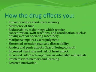 How the drug effects you:Impair or reduce short-term memoryAlter sense of timeReduce ability to do things which require concentration, swift reactions, and coordination, such as driving a car or operating machinery.Marijuana impairs a user’s judgmentShortened attention span and distractibility.Anxiety and panic attacks (fear of losing control)Increased heart rate and risk of heart attackIncreased risk of schizophrenia in vulnerable individuals. Problems with memory and learningLowered motivation.