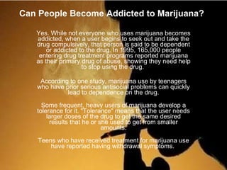 Can People Become Addicted to Marijuana? Yes. While not everyone who uses marijuana becomes addicted, when a user begins to seek out and take the drug compulsively, that person is said to be dependent or addicted to the drug. In 1995, 165,000 people entering drug treatment programs reported marijuana as their primary drug of abuse, showing they need help to stop using the drug.  According to one study, marijuana use by teenagers who have prior serious antisocial problems can quickly lead to dependence on the drug. Some frequent, heavy users of marijuana develop a tolerance for it. &quot;Tolerance&quot; means that the user needs larger doses of the drug to get the same desired results that he or she used to get from smaller amounts. Teens who have received treatment for marijuana use have reported having withdrawal symptoms.  