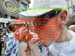 How many teens smoke marijuana   Contrary to popular belief most teenagers have not used marijuana and never will. Among students surveyed in a yearly national survey, about one in six 10th graders report they are current marijuana users  (that is, used marijuana within the past month) . Fewer than one in five high school seniors are current marijuana users.   