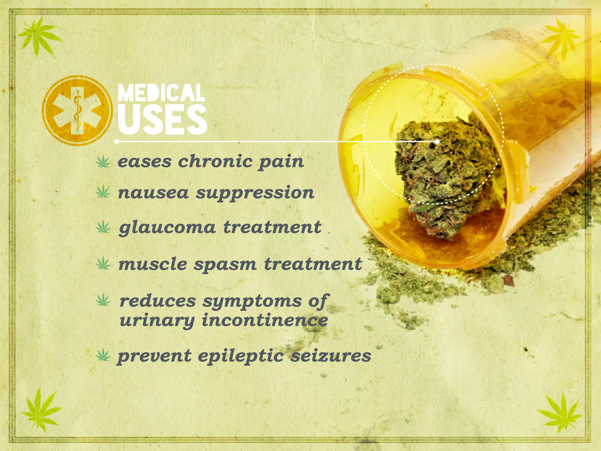 medical
uses
eases chronic pain
nausea suppression
glaucoma treatment
muscle spasm treatment
prevent epileptic seizures
reduces symptoms of
urinary incontinence
 