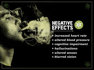negative
effects
altered senses
blurred vision
cognitive impairment
altered blood pressure
increased heart rate
hallucinations
 