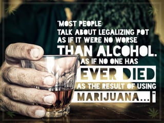 “Most people talk about legalizing pot as if it were no	

worse than alcohol.As if no one has ever died as the 	

result of using marijuana…”
ever died
marijuana... “
as the result of using
as if no one has
than alcohol.
as if it were no worse
talk about legalizing pot
“most people
 