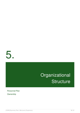 5.
Organizational
Structure
Personnel Plan
Ownership
[YEAR] Business Plan | Marijuana Dispensary 23 / 37
 
