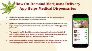 How On-Demand Marijuana Delivery
App Helps Medical Dispensaries
● Medical Dispensaries receives more orders from the wide range of
customers, developing a loyal customer base.
● Medical Dispensaries are able to reach out to more customers and sell
legal Marijuana/Cannabis to those who have hard time finding quality
products.
● The app allows Medical Dispensaries to provide all sorts of detailed
info, health related on Marjiuana can sell a wide variety of products at
one single platform without a brick-and-mortar store.
● Uber like Marijauna Delivery App help increase Dispensaries the sales,
multiplying the profits, overall brings boost in the profitability.
 