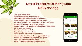 Latest Features Of Marijuana
Delivery App
● 18+ Age Confirmation
● Restricted Delivery Driver’s Fraud
● Re-assign Delivery Driver For Store Orders
● Free Delivery Promo Code for Specific Stores
● Advanced Ratings Flow for Delivery Drivers and Store
● Location-wise Banners in Store Delivery
● Location wise Push-notification throughout the systems
● Store-wise commission
● Location wise Promo Code
● Daywise separate time-slots
● Voice instructions for Delivery Drivers
● Graphical status of the order in-app notifications
● Cookie Consent popup throughout the systems
● SKU Code for store delivery items
● Order cancellation option for store delivery
 
