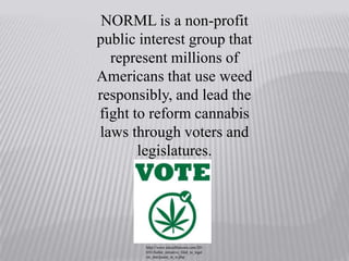 NORML is a non-profit public interest group that represent millions of Americans that use weed responsibly, and lead the fight to reform cannabis laws through voters and legislatures. http://www.tokeofthetown.com/2010/01/ballot_initiative_filed_to_legalize_marijuana_in_w.php