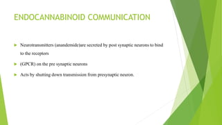 ENDOCANNABINOID COMMUNICATION
 Neurotransmitters (anandemide)are secreted by post synaptic neurons to bind
to the receptors
 (GPCR) on the pre synaptic neurons
 Acts by shutting down transmission from presynaptic neuron.
 