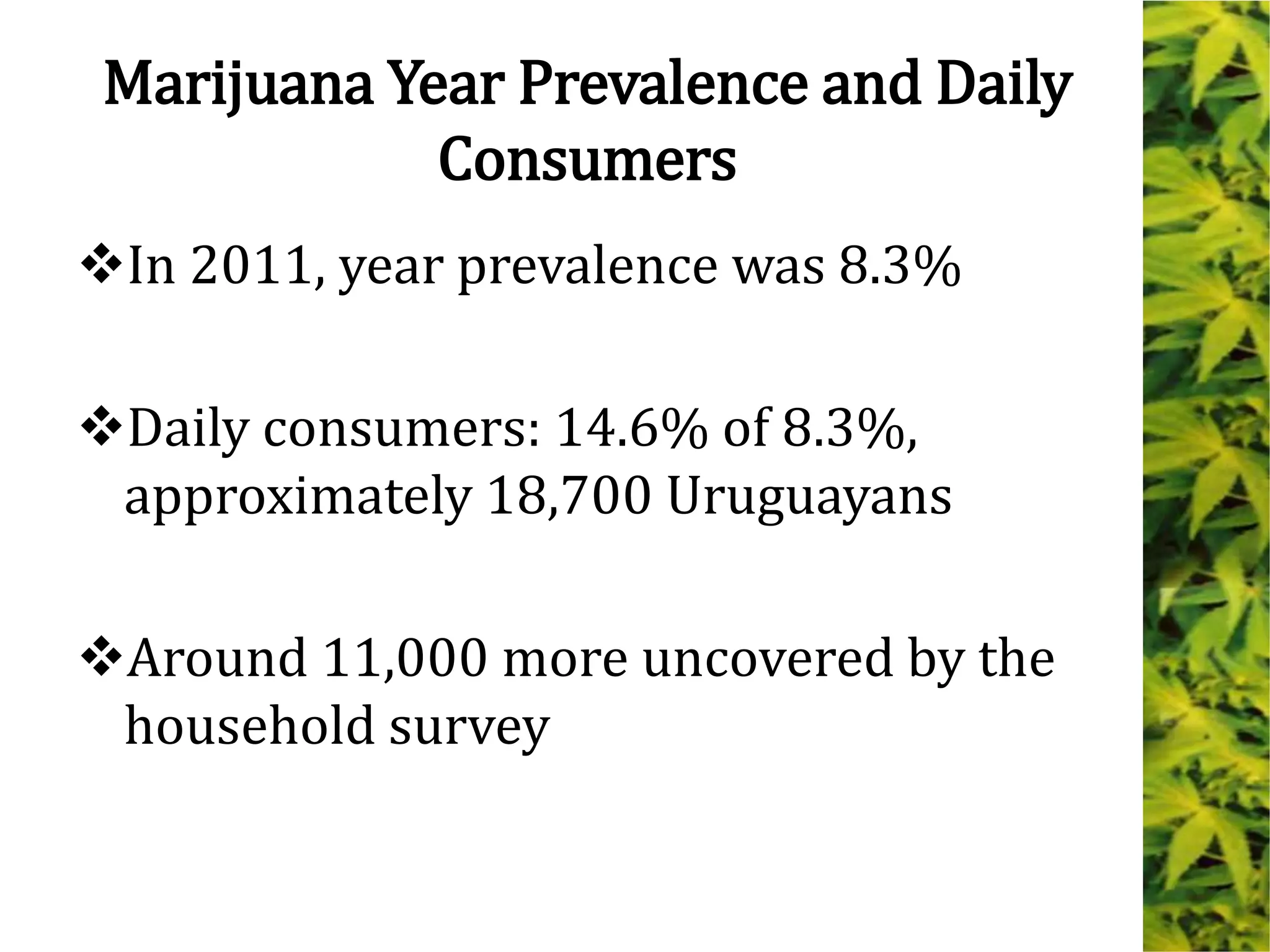 Marijuana Year Prevalence and Daily
Consumers
In 2011, year prevalence was 8.3%
Daily consumers: 14.6% of 8.3%,
approximately 18,700 Uruguayans
Around 11,000 more uncovered by the
household survey
 