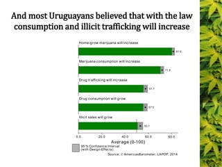 81.6
71.9
57.7
57.5
53.1
0.0 20.0 40.0 60.0 80.0
Home-grow marijuana will increase
Marijuana consumption will increase
Drug trafficking will increase
Drug consumption will grow
Illicit sales will grow
Average (0-100)
95 % Confidence Interval
(with Design-Effects)
Source: AmericasBarometer, LAPOP, 2014
And most Uruguayans believed that with the law
consumption and illicit trafficking will increase
 