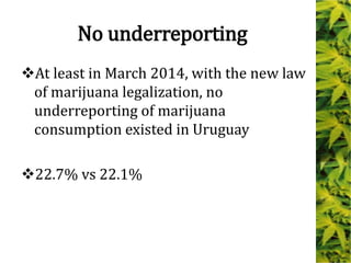 No underreporting
At least in March 2014, with the new law
of marijuana legalization, no
underreporting of marijuana
consumption existed in Uruguay
22.7% vs 22.1%
 