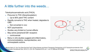 A little further into the weeds…
Tetrahydrocannabinolic acid (THCA)
■ Precursor to THC (Decarboxylation)
■ Up to 90% plant...