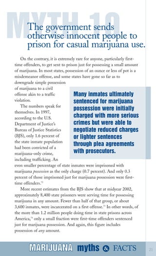 On the contrary, it is extremely rare for anyone, particularly first­
time offenders, to get sent to prison just for possessing a small amount
of marijuana. In most states, possession of an ounce or less of pot is a
misdemeanor offense, and some states have gone so far as to
downgrade simple possession
of marijuana to a civil
offense akin to a traffic
violation.
The numbers speak for
themselves. In 1997,
according to the U.S.
Department of Justice’s
Bureau of Justice Statistics
(BJS), only 1.6 percent of
the state inmate population
had been convicted of a
marijuana­only crime,
including trafficking. An
even smaller percentage of state inmates were imprisoned with
marijuana possession as the only charge (0.7 percent). And only 0.3
percent of those imprisoned just for marijuana possession were first­
time offenders.72
More recent estimates from the BJS show that at midyear 2002,
approximately 8,400 state prisoners were serving time for possessing
marijuana in any amount. Fewer than half of that group, or about
3,600 inmates, were incarcerated on a first offense.73
In other words, of
the more than 1.2 million people doing time in state prisons across
America,74
only a small fraction were first­time offenders sentenced
just for marijuana possession. And again, this figure includes
possession of any amount.
MYTH 10The government sends
otherwise innocent people to
prison for casual marijuana use.
myths &MARIJUANA 21
Many inmates ultimately
sentenced for marijuana
possession were initially
crimes but were able to
or lighter sentences
through plea agreements
with prosecutors.
FACTSMARIJUANA
charged with more serious
negotiate reduced charges
 