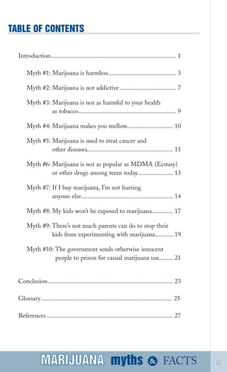 TABLE OF CONTENTS

Introduction.............................................................................. 1

Myth #1: Marijuana is harmless.......................................... 3

Myth #2: Marijuana is not addictive ................................... 7

Myth #3: Marijuana is not as harmful to your health 

as tobacco............................................................. 9

Myth #4: Marijuana makes you mellow............................. 10

Myth #5: Marijuana is used to treat cancer and

other diseases...................................................... 11

Myth #6: Marijuana is not as popular as MDMA (Ecstasy) 

or other drugs among teens today...................... 13

Myth #7: If I buy marijuana, I’m not hurting 

anyone else......................................................... 14

Myth #8: My kids won’t be exposed to marijuana............. 17

Myth #9: There’s not much parents can do to stop their

kids from experimenting with marijuana........... 19

Myth #10: The government sends otherwise innocent 

people to prison for casual marijuana use......... 21

Conclusion.............................................................................. 23

Glossary.................................................................................. 25

References............................................................................... 27

myths &MARIJUANA iiiFACTSMARIJUANA
 
