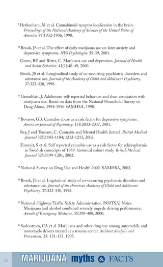9
Herkenham, M et al. Cannabinoid receptor localization in the brain.
Proceedings of the National Academy of Sciences of the United States of

America. 87:1932­1936, 1990.

10
Brook, JS et al. The effect of early marijuana use on later anxiety and
depressive symptoms. NYS Psychologist. 35­39, 2001.
Green, BE and Ritter, C. Marijuana use and depression. Journal of Health

and Social Behavior. 41(1):40­49, 2000.

Brook, JS et al. Longitudinal study of co­occurring psychiatric disorders and
substance use. Journal of the Academy of Child and Adolescent Psychiatry.
37:322­330, 1998.
11
Greenblatt, J. Adolescent self­reported behaviors and their association with
marijuana use. Based on data from the National Household Survey on
Drug Abuse, 1994­1996 SAMHSA, 1998.
12
Bovasso, GB. Cannabis abuse as a risk factor for depressive symptoms.
American Journal of Psychiatry. 158:2033­2037, 2001.
Rey, J and Tennant, C. Cannabis and Mental Health (letter). British Medical
Journal 325:1183­1184; 1212­1213, 2002.
Zammit, S et al. Self reported cannabis use as a risk factor for schizophrenia
in Swedish conscripts of 1969: historical cohort study. British Medical
Journal 325:1199­1201, 2002.
13
National Survey on Drug Use and Health 2002. SAMHSA, 2003.
14
Brook, JS et al. Logitudinal study of co­occurring psychiatric disorders and
substance use. Journal of the American Academy of Child and Adolescent
Psychiatry. 37:322­330, 1998.
15
National Highway Traffic Safety Administration (NHTSA) Notes.
Marijuana and alcohol combined severely impede driving performance.
Annals of Emergency Medicine. 35:398­400, 2000.
16
Soderstrom, CA et al. Marijuana and other drug use among automobile and
motorcycle drivers treated at a trauma center. Accident Analysis and
Prevention. 25: 131­135, 1995.
myths &MARIJUANA28 FACTSMARIJUANA
 