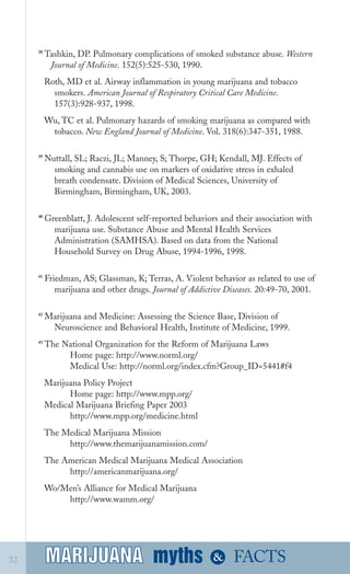 38
Tashkin, DP. Pulmonary complications of smoked substance abuse. Western
Journal of Medicine. 152(5):525­530, 1990.
Roth, MD et al. Airway inflammation in young marijuana and tobacco

smokers. American Journal of Respiratory Critical Care Medicine.

157(3):928­937, 1998.

Wu, TC et al. Pulmonary hazards of smoking marijuana as compared with
tobacco. New England Journal of Medicine. Vol. 318(6):347­351, 1988.
39
Nuttall, SL; Raczi, JL; Manney, S; Thorpe, GH; Kendall, MJ. Effects of
smoking and cannabis use on markers of oxidative stress in exhaled
breath condensate. Division of Medical Sciences, University of
Birmingham, Birmingham, UK, 2003.
40
Greenblatt, J. Adolescent self­reported behaviors and their association with
marijuana use. Substance Abuse and Mental Health Services
Administration (SAMHSA). Based on data from the National
Household Survey on Drug Abuse, 1994­1996, 1998.
41
Friedman, AS; Glassman, K; Terras, A. Violent behavior as related to use of
marijuana and other drugs. Journal of Addictive Diseases. 20:49­70, 2001.
42
Marijuana and Medicine: Assessing the Science Base, Division of
Neuroscience and Behavioral Health, Institute of Medicine, 1999.
43
The National Organization for the Reform of Marijuana Laws
Home page: http://www.norml.org/
Medical Use: http://norml.org/index.cfm?Group_ID=5441#f4
Marijuana Policy Project

Home page: http://www.mpp.org/

Medical Marijuana Briefing Paper 2003 

http://www.mpp.org/medicine.html

The Medical Marijuana Mission

http://www.themarijuanamission.com/

The American Medical Marijuana Medical Association

http://americanmarijuana.org/

Wo/Men’s Alliance for Medical Marijuana

http://www.wamm.org/

myths &MARIJUANA32 FACTSMARIJUANA
 