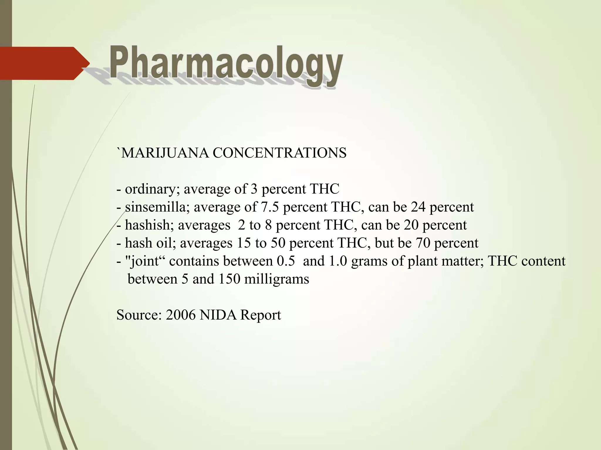 `MARIJUANA CONCENTRATIONS
- ordinary; average of 3 percent THC
- sinsemilla; average of 7.5 percent THC, can be 24 percent
- hashish; averages 2 to 8 percent THC, can be 20 percent
- hash oil; averages 15 to 50 percent THC, but be 70 percent
- "joint“ contains between 0.5 and 1.0 grams of plant matter; THC content
between 5 and 150 milligrams
Source: 2006 NIDA Report
 