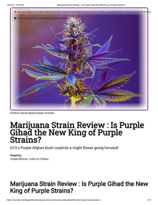 10/31/21, 2:50 PM Marijuana Strain Review : Is Purple Gihad the New King of Purple Strains?
https://cannabis.net/blog/strains/marijuana-strain-review-is-purple-gihad-the-new-king-of-purple-strains 2/11
PURPLE GIHAD MARIJUANA STRAIN
Marijuana Strain Review : Is Purple
Gihad the New King of Purple
Strains?
G13 x Purple Afghan Kush could be a might flower going forward!
Posted by:

Joseph Billions , today at 12:00am
Marijuana Strain Review : Is Purple Gihad the New
King of Purple Strains?
 Edit Article (https://cannabis.net/mycannabis/c-blog-entry/update/marijuana-strain-review-is-purple-gihad-the-new-king-of-purple-strains)
 Article List (https://cannabis.net/mycannabis/c-blog)
 