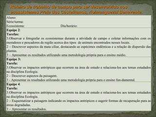 Roteiro de trabalho de campo para ser desenvolvido nos ecossistemas Praia dos Castelhanos, rio/manguezal Benevente. Aluno: Série/turma: Ecossistema:  Dia/horário: Equipe 2 : Tarefas: Observar e fotografar os ecossistemas durante a atividade de campo e coletar informações com os moradores e pescadores da região acerca dos tipos  de animais encontrados nesses locais. 2 – Descrever aspectos da mata ciliar, destacando as espécimes endêmicas e a relação de dispersão das plantas. 3 – Apresentar os resultados utilizando uma metodologia própria para o ensino médio. Equipe 3:   Tarefa: Observar os impactos antrópicos que ocorrem na área de estudo e relaciona-los aos temas estudados na disciplina Ecologia.  2 – Descrever aspectos da paisagem. 3 - Apresentar os resultados utilizando uma metodologia própria para o ensino fun-damental. Equipe 4 : Tarefa: Observar os impactos antrópicos que ocorrem na área de estudo e relaciona-los aos temas estudados na disciplina Ecologia. 2 – Esquematizar a paisagem indicando os impactos antrópicos e sugerir formas de recuperação para as áreas degradadas. 3 – Apresentar os resultados. 
