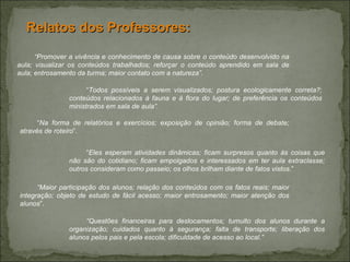 “ Promover a vivência e conhecimento de causa sobre o conteúdo desenvolvido na aula; visualizar os conteúdos trabalhados; reforçar o conteúdo aprendido em sala de aula; entrosamento da turma; maior contato com a natureza”. Relatos dos Professores: “ Todos possíveis a serem visualizados; postura ecologicamente correta?; conteúdos relacionados à fauna e à flora do lugar; de preferência os conteúdos ministrados em sala de aula” .  “ Na   forma de relatórios e exercícios; exposição de opinião; forma de debate; através de roteiro ”.  “ Eles esperam atividades dinâmicas; ficam surpresos quanto às coisas que não são do cotidiano; ficam empolgados e interessados em ter aula extraclasse; outros consideram como passeio; os olhos brilham diante de fatos vistos. ” “ Maior participação dos alunos; relação dos conteúdos com os fatos reais; maior integração; objeto de estudo de fácil acesso; maior entrosamento; maior atenção dos alunos ”.  “ Questões financeiras para deslocamentos; tumulto dos alunos durante a organização; cuidados quanto à segurança; falta de transporte; liberação dos alunos pelos pais e pela escola; dificuldade de acesso ao local.” 