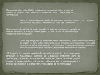 “ Campanhas feitas pelas ONGs; instalação do mercado de peixe; a ponte de cimento; os projetos para melhorar o manguezal; nada”.  Pescadores do rio/manguezal “ Nada, só está melhorando; a falta de segurança, os roubos; o medo com o aumento populacional; não piorou”.  Residentes da Praia dos Castelhanos “ Aparecimento de bancos de areia; invasão na área de manguezal; chegada de pessoas estranhas; a poluição; esgoto jogado no mar; a falta de conscientização”.  Pescadores do rio/manguezal “ Maior segurança para os moradores; maior segurança nas praias; construção de rede de esgoto; ter salva-vidas; calçamento na rua principal; maior segurança; construção de postos de saúde; padronização dos quiosques; construção de banheiros públicos; melhorar informações para os turistas”.  Residentes da Praia dos Castelhano “ Dragagem dos canais; construção de rede de esgoto; fazer mais obra; continuar a fiscalização; sistema de educação ambiental para os pescadores; proibição de entrada de turista em áreas proibidas; pescar apenas os peixes adultos; colocar em prática as leis de conservação dos animais que habitam o manguezal”.  Pescadores do rio/manguezal 