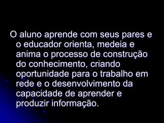 O aluno aprende com seus pares e
 o educador orienta, medeia e
 anima o processo de construção
 do conhecimento, criando
 oportunidade para o trabalho em
 rede e o desenvolvimento da
 capacidade de aprender e
 produzir informação.
 