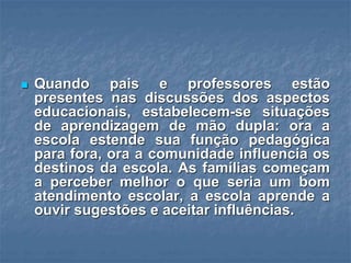  Quando pais e professores estão
presentes nas discussões dos aspectos
educacionais, estabelecem-se situações
de aprendizagem de mão dupla: ora a
escola estende sua função pedagógica
para fora, ora a comunidade influencia os
destinos da escola. As famílias começam
a perceber melhor o que seria um bom
atendimento escolar, a escola aprende a
ouvir sugestões e aceitar influências.
 