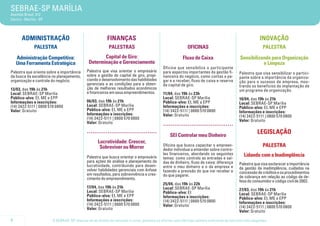 SEBRAE-SP MARÍLIA
Avenida Brasil, 412
Centro - Marília - SP




       Administração                                      FINANÇAS                                                                                       INOVAÇÃO
               PALESTRA                                    PALESTRAS                                        OFICINAS                                       PALESTRA

    Administração Competitiva:                       Capital de Giro:                                    Fluxo de Caixa                      Sensibilizando para Organização
    Uma Ferramenta Estratégica                Determinação e Gerenciamento                                                                              e Limpeza
                                                                                            Oficina que sensibiliza o participante
Palestra que orienta sobre a importância     Palestra que visa orientar o empresário        para aspectos importantes da gestão fi-         Palestra que visa sensibilizar o partici-
da busca da excelência no planejamento,      sobre a gestão do capital de giro, propi-      nanceira do negócio, como contas a pa-          pante sobre a importância da organiza-
organização e controle do negócio.           ciando o desenvolvimento das habilidades       gar e a receber, fluxo de caixa e reserva       ção para o sucesso da empresa, mos-
                                             gerenciais e as condições para a obten-        de capital de giro.                             trando os benefícios da implantação de
13/03, das 19h às 21h                        ção de melhores resultados econômicos                                                          um programa de organização.
Local: SEBRAE-SP Marília                     e financeiros em seus empreendimentos.         11/04, das 19h às 23h
Público-alvo: EI, ME e EPP                                                                  Local: SEBRAE-SP Marília                        10/04, das 19h às 21h
Informações e inscrições:                    06/03, das 19h às 21h                          Público-alvo: EI, ME e EPP                      Local: SEBRAE-SP Marília
(14) 3422-5111 | 0800 570 0800               Local: SEBRAE-SP Marília                       Informações e inscrições:                       Público-alvo: EI, ME e EPP
Valor: Gratuito                              Público-alvo: EI, ME e EPP                     (14) 3422-5111 | 0800 570 0800                  Informações e inscrições:
                                             Informações e inscrições:                      Valor: Gratuito                                 (14) 3422-5111 | 0800 570 0800
                                             (14) 3422-5111 | 0800 570 0800                                                                 Valor: Gratuito
                                             Valor: Gratuito                                .....................................
                                             .....................................               SEI Controlar meu Dinheiro
                                                                                                                                                       LEGISLAÇÃO
                                                    Lucratividade: Crescer,
                                                     Sobreviver ou Morrer                   Oficina que busca capacitar o empreen-                         PALESTRA
                                                                                            dedor individuai a entender sobre contro-
                                                                                            les financeiros, abordando os seguintes            Lidando com a Inadimplência
                                             Palestra que busca orientar o empresário       temas: como controlo as entradas e saí-
                                             para ações de análise e planejamento da        das de dinheiro, fluxo de caixa: diferença
                                             lucratividade, contribuindo para desen-                                                        Palestra que visa esclarecer a importância
                                                                                            entre o meu dinheiro e o da empresa e           da gestão da inadimplência, cuidados na
                                             volver habilidades gerenciais com ênfase       fazendo a previsão do que irei receber e
                                             em resultados, para sobrevivência e cres-                                                      concessão de créditos e os procedimentos
                                                                                            do que pagarei.                                 de cobrança em relação ao código de de-
                                             cimento do empreendimento.
                                                                                                                                            fesa do consumidor e código civil de 2002.
                                                                                            25/04, das 19h às 22h
                                             17/04, das 19h às 21h                          Local: SEBRAE-SP Marília
                                             Local: SEBRAE-SP Marília                                                                       27/03, das 19h às 21h
                                                                                            Público-alvo: EI                                Local: SEBRAE-SP Marília
                                             Público-alvo: EI, ME e EPP                     Informações e inscrições:
                                             Informações e inscrições:                                                                      Público-alvo: EI, ME e EPP
                                                                                            (14) 3422-5111 | 0800 570 0800                  Informações e inscrições:
                                             (14) 3422-5111 | 0800 570 0800                 Valor: Gratuito
                                             Valor: Gratuito                                                                                (14) 3422-5111 | 0800 570 0800
                                                                                                                                            Valor: Gratuito

4                       O SEBRAE-SP reserva-se ao direito de cancelar o curso, palestra ou oficina caso não haja número suficiente de inscritos e/ou pagantes.
 