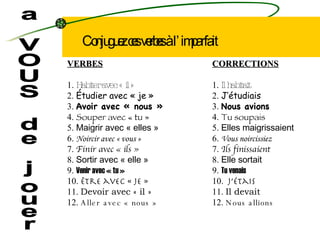 a VOUS de jouer VERBES 1.  Habiter avec « il »  2.  Étudier avec « je »   3.  Avoir avec « nous » 4.  Souper avec « tu » 5.  Maigrir avec « elles » 6.  Noircir avec « vous » 7.  Finir avec « ils » 8.  Sortir avec « elle » 9.  Venir avec « tu » 10.  Être avec « je » 11.  Devoir avec « il » 12.  Aller avec « nous » Conjuguez ces verbes à l’imparfait CORRECTIONS 1.  Il habitait 2.  J’étudiais 3.  Nous avions 4.  Tu soupais 5.  Elles maigrissaient 6.  Vous noircissiez 7.  Ils finissaient 8.  Elle sortait 9.  Tu venais 10.  J’étais 11.  Il devait 12.  Nous allions 