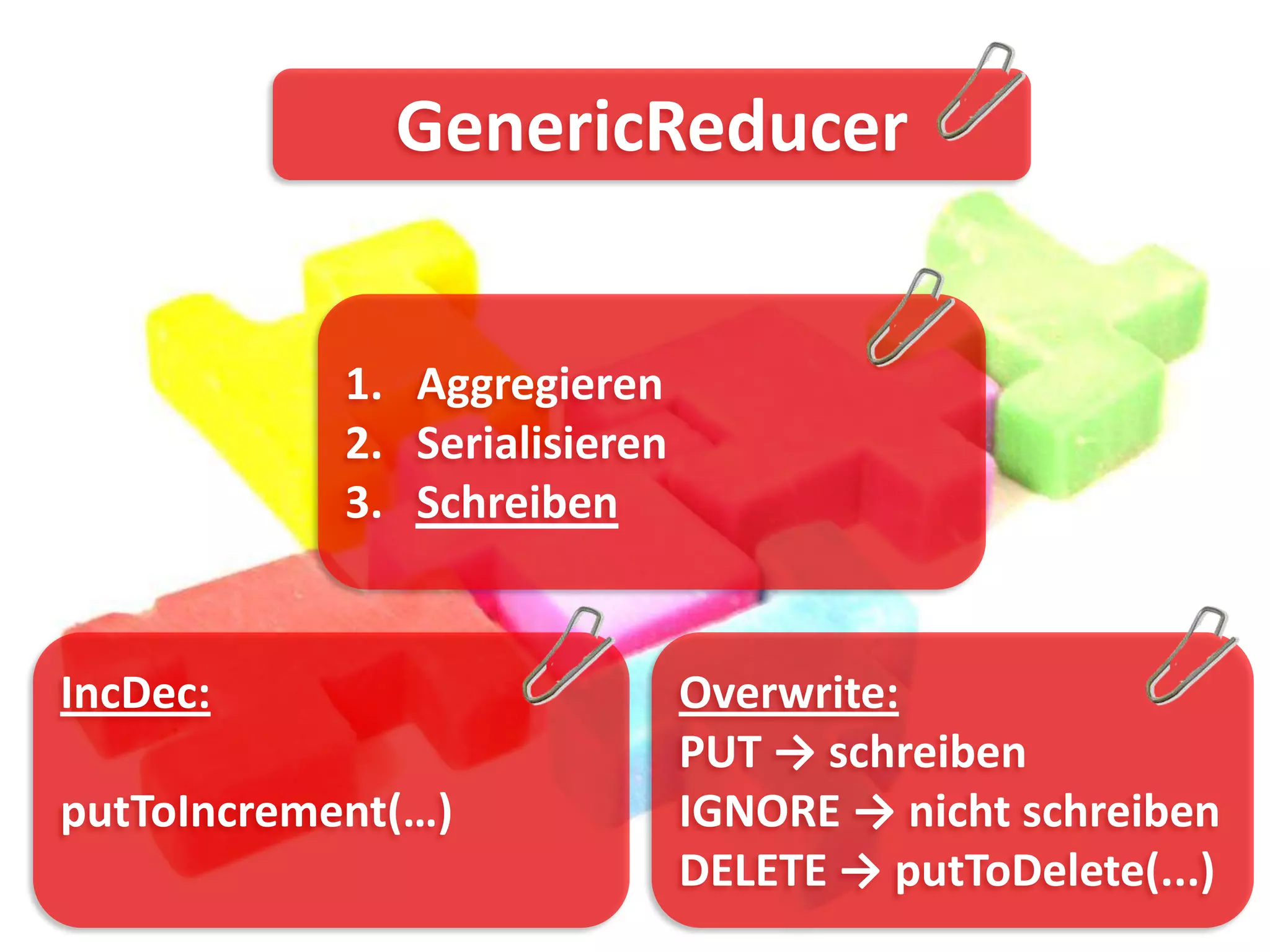 GenericReducer


            1. Aggregieren
            2. Serialisieren
            3. Schreiben


IncDec:                        Overwrite:
                               PUT → schreiben
putToIncrement(…)              IGNORE → nicht schreiben
                               DELETE → putToDelete(...)
 