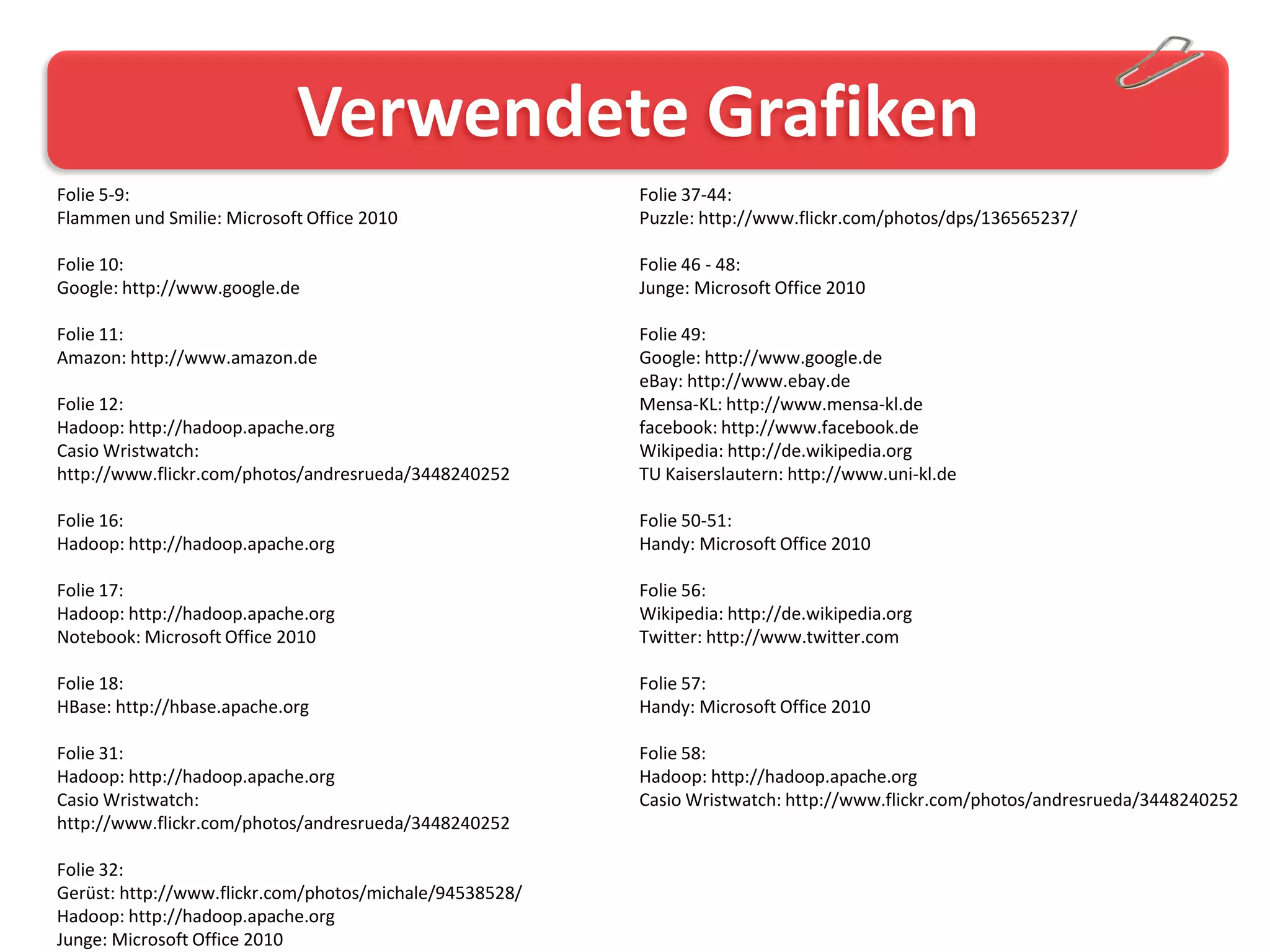 Verwendete Grafiken
Folie 5-9:                                               Folie 37-44:
Flammen und Smilie: Microsoft Office 2010                Puzzle: http://www.flickr.com/photos/dps/136565237/

Folie 10:                                                Folie 46 - 48:
Google: http://www.google.de                             Junge: Microsoft Office 2010

Folie 11:                                                Folie 49:
Amazon: http://www.amazon.de                             Google: http://www.google.de
                                                         eBay: http://www.ebay.de
Folie 12:                                                Mensa-KL: http://www.mensa-kl.de
Hadoop: http://hadoop.apache.org                         facebook: http://www.facebook.de
Casio Wristwatch:                                        Wikipedia: http://de.wikipedia.org
http://www.flickr.com/photos/andresrueda/3448240252      TU Kaiserslautern: http://www.uni-kl.de

Folie 16:                                                Folie 50-51:
Hadoop: http://hadoop.apache.org                         Handy: Microsoft Office 2010

Folie 17:                                                Folie 56:
Hadoop: http://hadoop.apache.org                         Wikipedia: http://de.wikipedia.org
Notebook: Microsoft Office 2010                          Twitter: http://www.twitter.com

Folie 18:                                                Folie 57:
HBase: http://hbase.apache.org                           Handy: Microsoft Office 2010

Folie 31:                                                Folie 58:
Hadoop: http://hadoop.apache.org                         Hadoop: http://hadoop.apache.org
Casio Wristwatch:                                        Casio Wristwatch: http://www.flickr.com/photos/andresrueda/3448240252
http://www.flickr.com/photos/andresrueda/3448240252

Folie 32:
Gerüst: http://www.flickr.com/photos/michale/94538528/
Hadoop: http://hadoop.apache.org
Junge: Microsoft Office 2010
 