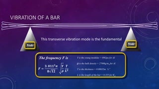 VIBRATION OF A BAR
Node Node
𝑭 =
𝟑. 𝟎𝟏𝟏 𝟐
𝝅
𝟖 𝟏𝟐
𝒀
𝝆
𝑻
𝑳 𝟐
This transverse vibration mode is the fundamental
The frequency F is Y is the young modulus = 69Gpa for Al
ρ is the bulk density = 2700kg/m3 for Al
T is the thickness = 0.00635m ¼”
L is the length of the bar = 0.355 for C4