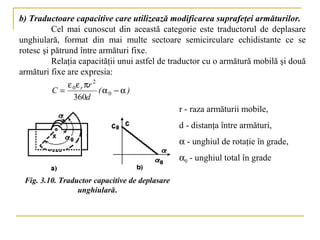 b) Traductoare capacitive care utilizează modificarea suprafeţei armăturilor.
          Cel mai cunoscut din această categorie este traductorul de deplasare
unghiulară, format din mai multe sectoare semicirculare echidistante ce se
rotesc şi pătrund între armături fixe.
          Relaţia capacităţii unui astfel de traductor cu o armătură mobilă şi două
armături fixe are expresia:
               ε 0 ε r πr 2
          C=                (α0 − α )
                 360d
                                                r - raza armăturii mobile,
                                                d - distanţa între armături,
                                                α - unghiul de rotaţie în grade,
                                                α0 - unghiul total în grade

 Fig. 3.10. Traductor capacitive de deplasare
                 unghiulară.
 