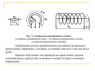 Fig. 7.1. Traductoare potenţiometrice rezistive
         a) traductor potenţiometric liniar; b) traductor potenţiometric circular
                           c) traductor potenţiometric elicoidal
         Traductoarele rezistive potenţiometrice sunt utilizate la măsurarea
dimensiunilor, deplasărilor, a nivelelor, cu rezoluţii chiar de 0,1 mm sau de 0,2
grade.
         Deoarece firul rezistiv este spiralat pe un suport izolant, trecerea
cursorului de pe o spiră pe alta va produce o variaţie în trepte a rezistenţei
traductorului.
 