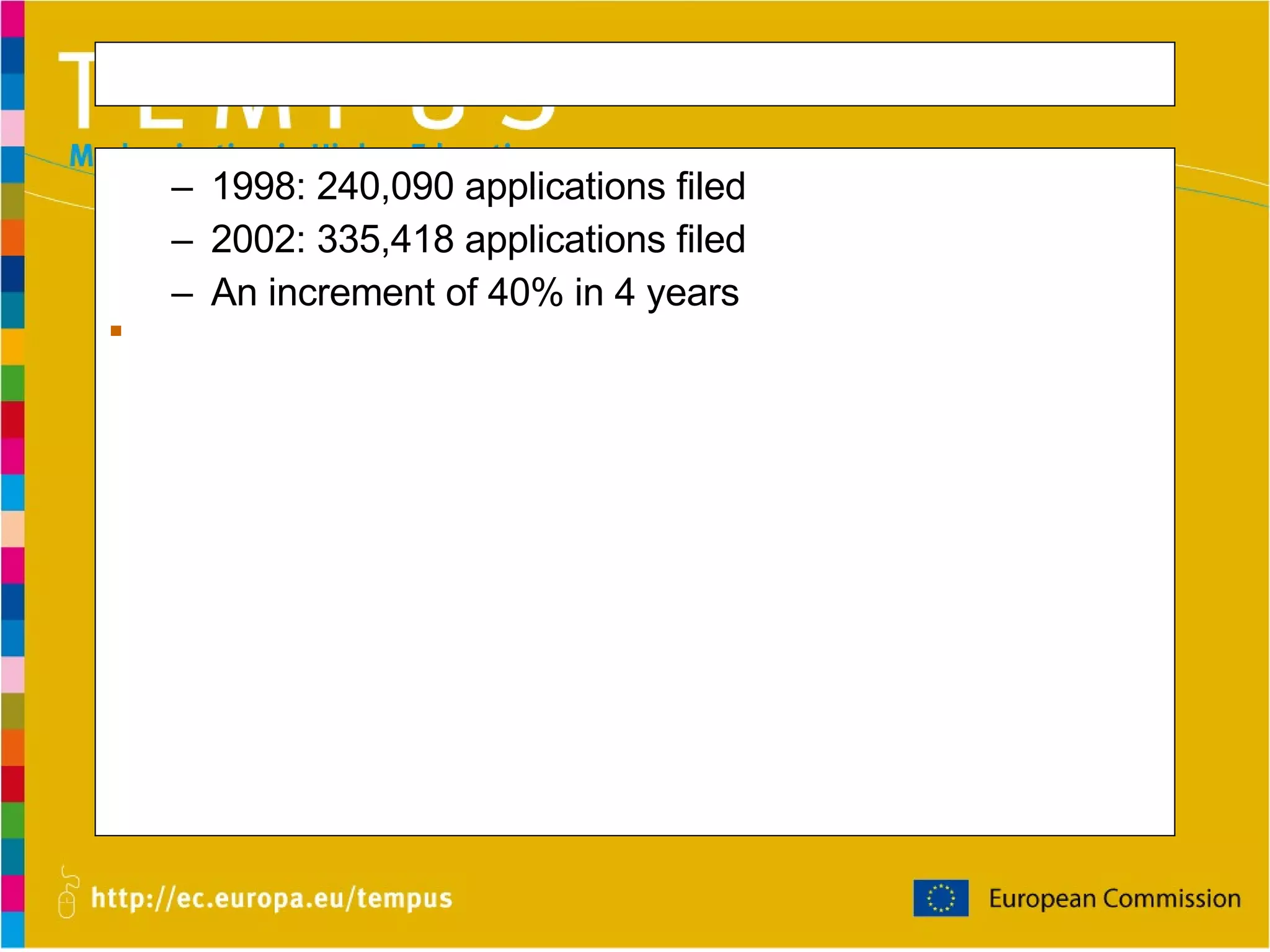 Patent Office Statistics Each week,  the Patent Office issues approximately 3,500 new patents. 1998: 240,090 applications filed 2002: 335,418 applications filed An increment of 40% in 4 years Biotechnology-related patent applications increased 154% from 1996 to 2002, from 18,695 applications to 47,473. 
