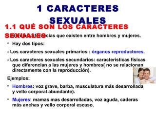 1 CARACTERES
                 SEXUALES
1.1 QUÉ SON LOS CARACTERES
SEXUALES
 
  Son las diferencias que existen entre hombres y mujeres.
 
     Hay dos tipos:
 - Los caracteres sexuales primarios : órganos reproductores.
 - Los caracteres sexuales secundarios: características físicas
    que diferencian a las mujeres y hombres( no se relacionan
    directamente con la reproducción).
 Ejemplos:
 
     Hombres: voz grave, barba, musculatura más desarrollada
     y vello corporal abundante).
 
     Mujeres: mamas mas desarrolladas, voz aguda, caderas
     más anchas y vello corporal escaso.
 