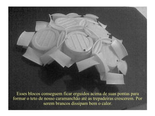 Esses blocos conseguem ficar erguidos acima de suas pontas para
formar o teto de nosso caramanchão até as trepadeiras crescerem. Por
serem brancos dissipam bem o calor.
 