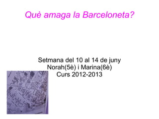 Què amaga la Barceloneta?
Setmana del 10 al 14 de juny
Norah(5è) i Marina(6è)
Curs 2012-2013
 