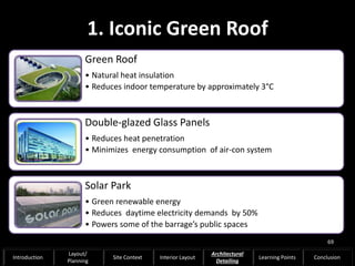 1. Iconic Green Roof
Green Roof
• Natural heat insulation
• Reduces indoor temperature by approximately 3°C
Double-glazed Glass Panels
• Reduces heat penetration
• Minimizes energy consumption of air-con system
Solar Park
• Green renewable energy
• Reduces daytime electricity demands by 50%
• Powers some of the barrage’s public spaces
69
Introduction
Layout/
Planning
Site Context Interior Layout
Architectural
Detailing
Learning Points Conclusion
 