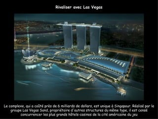 Rivaliser avec Las Vegas




Le complexe, qui a coûté près de 6 milliards de dollars, est unique à Singapour. Réalisé par le
    groupe Las Vegas Sand, propriétaire d'autres structures du même type, il est censé
          concurrencer les plus grands hôtels-casinos de la cité américaine du jeu
 