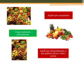 Aquilo que compramos




O que realmente
 necessitamos




                  Aquilo que desperdiçamos, e
                   que poderia salvar a vida a
                             outros
 