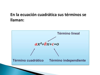 En la ecuación cuadrática sus términos se
llaman:
Término lineal
ax²+bx+c=0
Término cuadrático Término independiente
 