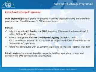 Know-how Exchange Programme
Main objective: provides grants for projects related to capacity building and transfer of
good practices from EU to non-EU CEI Member States.
Donors:
 Italy, through the CEI Fund at the EBRD, has since 2004 committed more than 2.1
million EUR for 75 projects;
 Austria, through the Austrian Development Agency (ADA) has, since
2007, contributed around 730.000 EUR for 26 projects with funds from the Austrian
Development Cooperation;
 Poland has contributed with 50.000 EUR to projects co-financed together with Italy.
Priority sectors: European integration, capacity building, agriculture, energy and
environment, SME development, infrastructure.
Know-how Exchange Programme
10
 