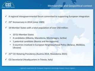  A regional intergovernmental forum committed to supporting European integration
 25th Anniversary in 2014 (since 1989)
 18 Member States with a total population of over 250 million:
• 10 EU Member States
• 4 candidates (Albania, Macedonia, Montenegro, Serbia)
• 1 potential candidate (Bosnia and Herzegovina)
• 3 countries involved in European Neighbourhood Policy (Belarus, Moldova,
Ukraine)
 25th CEI Rotating Presidency (Austria 2014, Macedonia 2015)
 CEI Secretariat (Headquarters in Trieste, Italy)
Membership and Geopolitical context
1
 